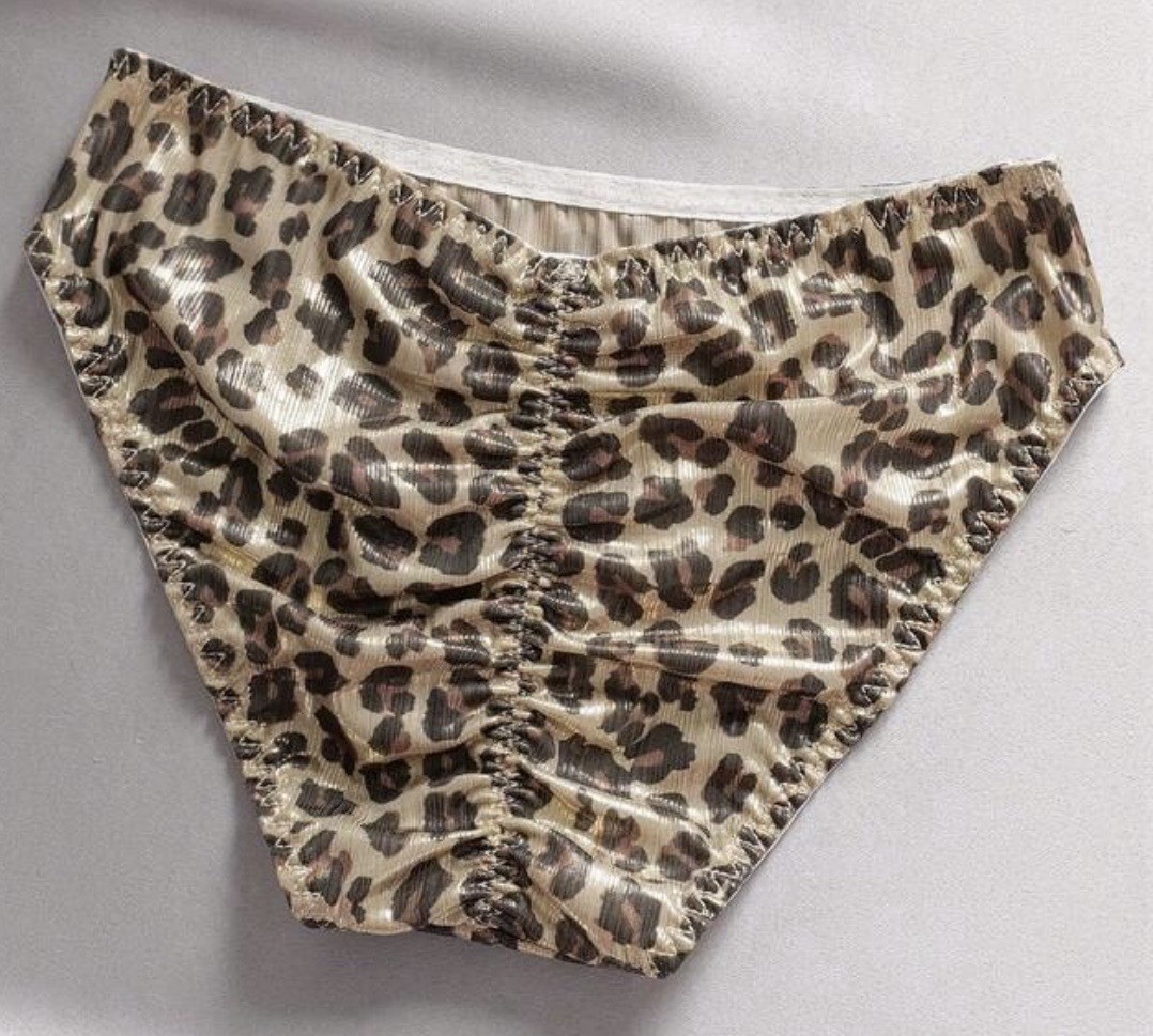Y2K Glossy Metallic Leopard Animal Print Ruched Bum Bikini Brief Panties XL NEW