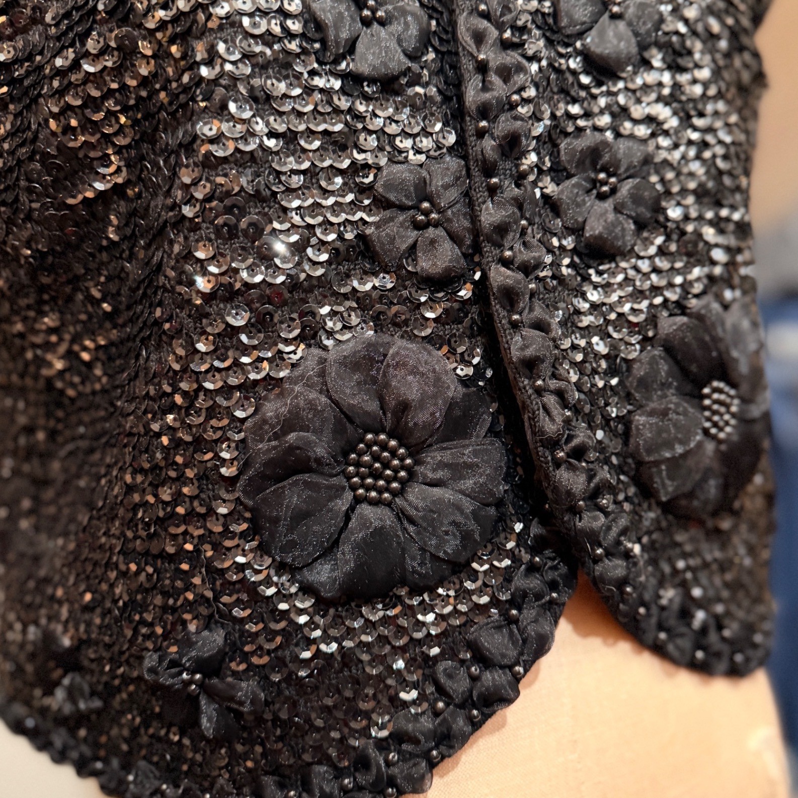 Vintage Black Sequin Vest 3D Floral Beaded Applique Open Front Evening Size 44