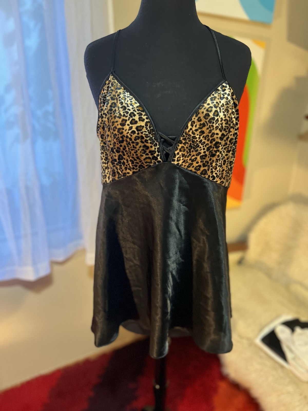 Vtg 1990’s Angelique Shiny Satin Velvet Leopard Babydoll Short Slip Dress Large
