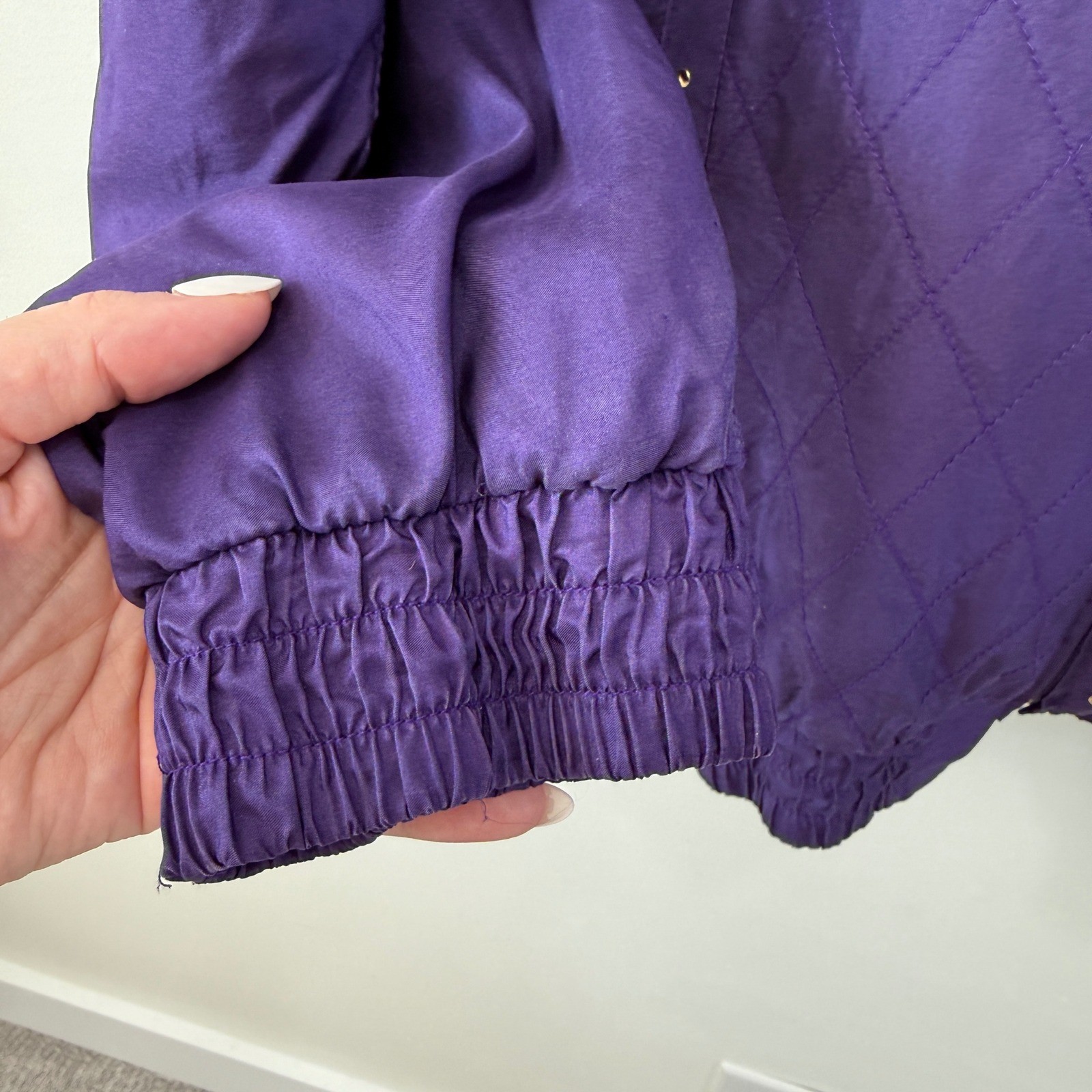 VTG Purple Silk Quilted Studded Windbreaker Bomber Track Jacket Sz L Pockets 80s