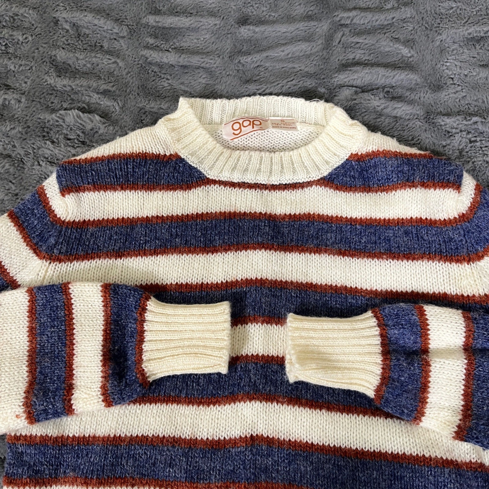 Vintage Gap Striped Crewneck Sweater Small Blue Cream Rust Wool Blend AP377