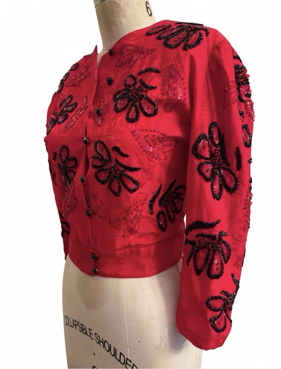 Vintage Red silk puff sleeve Beaded sequin Button down floral bolero jacket coat