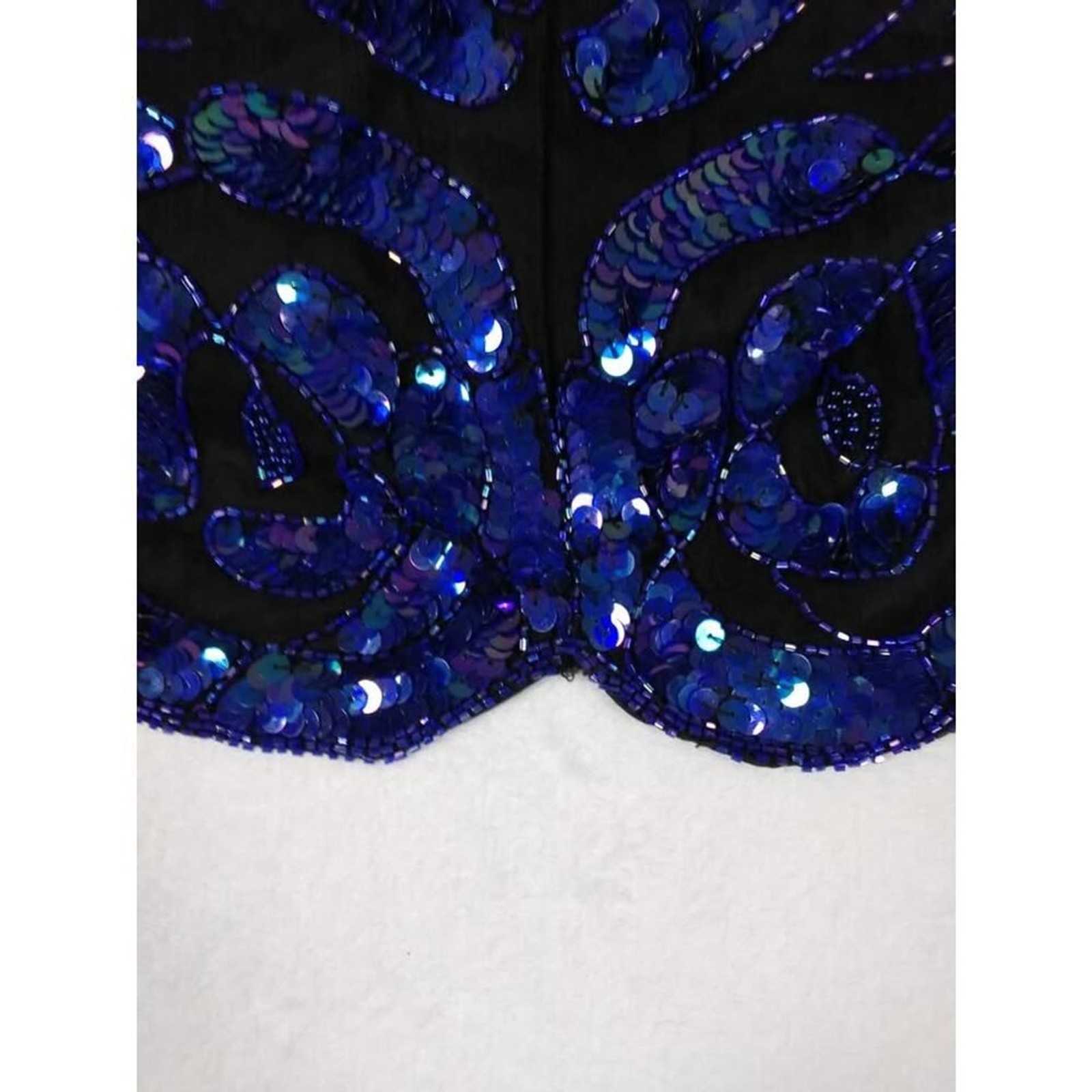 Stenay Vintage Silk Sequin Beaded Evening Top Royal Blue Black Scalloped Hem L