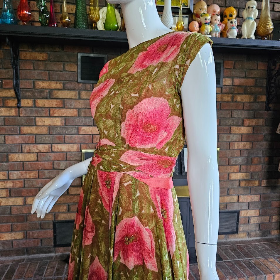Vtg 40s Chiffon Pink & Green Impressionist Floral Full Swing Skirt w/ Bolero M