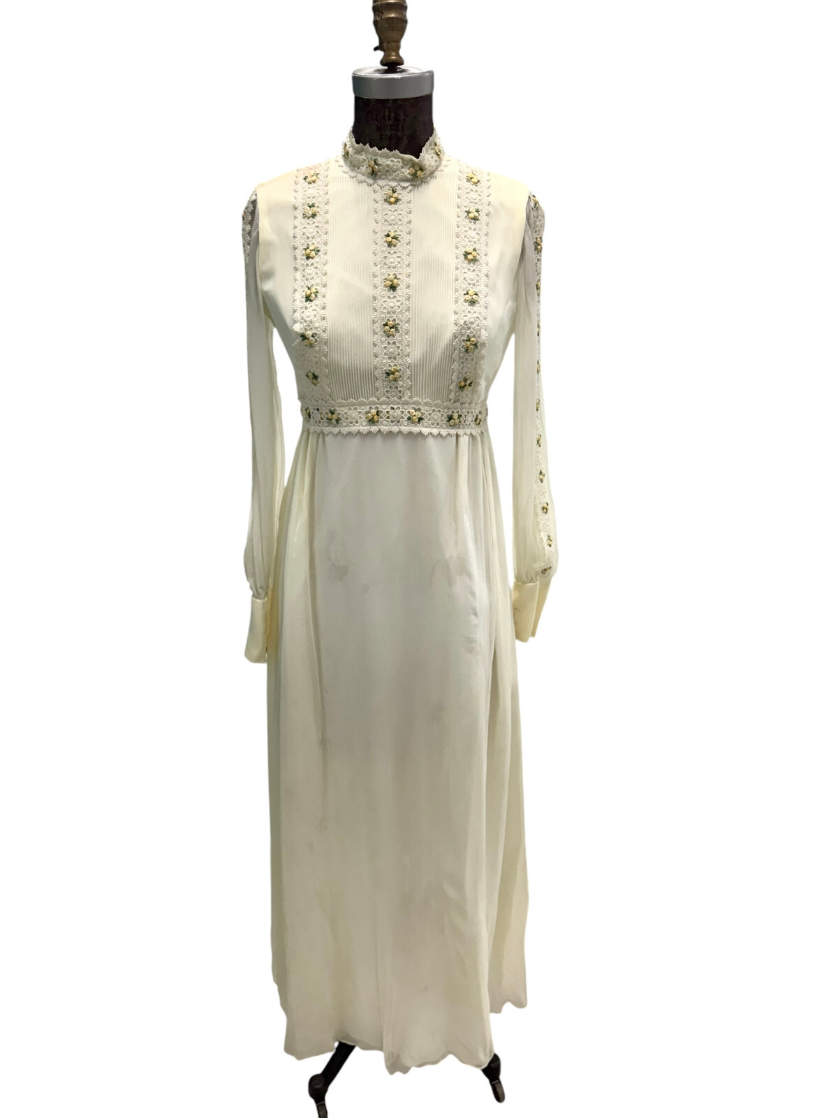 Vintage 70s Boho Prairie Hippy Style Off White Chiffon Maxi Dress S-M