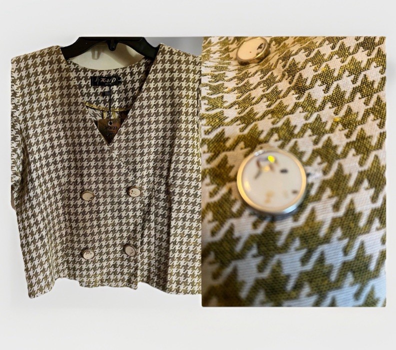 1960’s -70’s Green/Ivory Houndstooth Cropped Button Top NWT Size Large