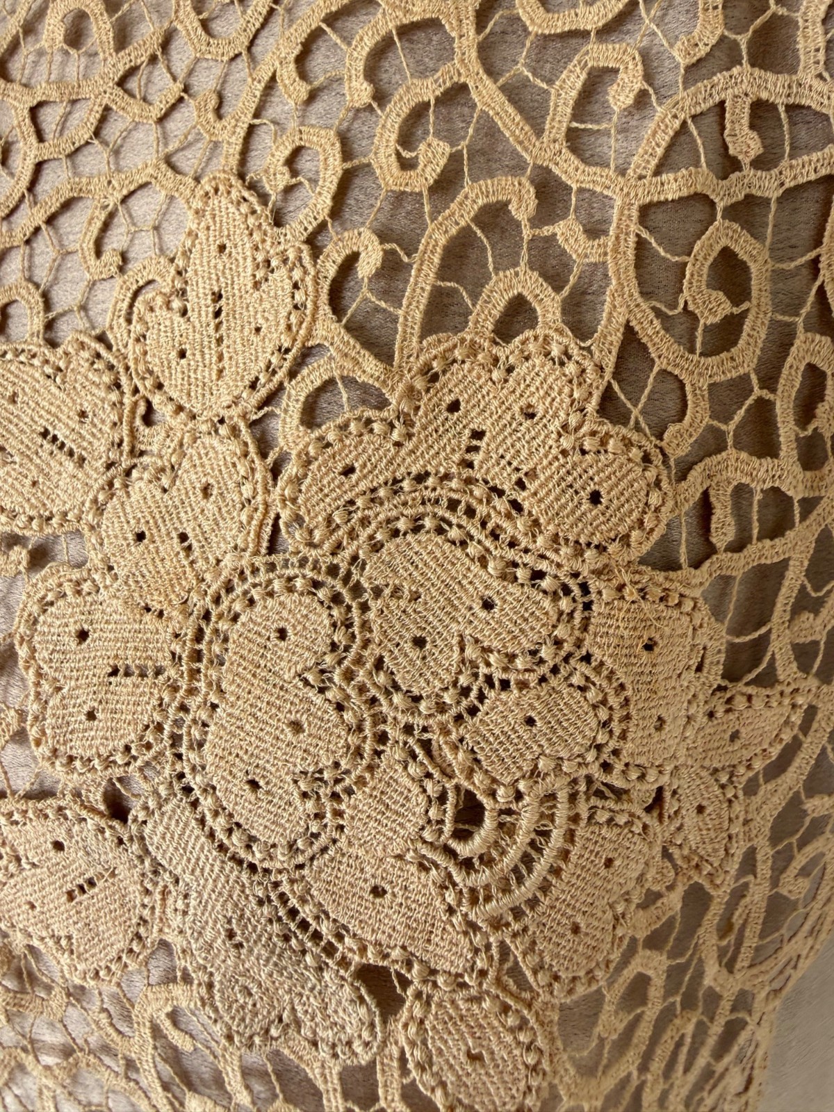 Antique 1920s Tan Silk Flapper Dress With Lace Yoke AS IS TLC Size M