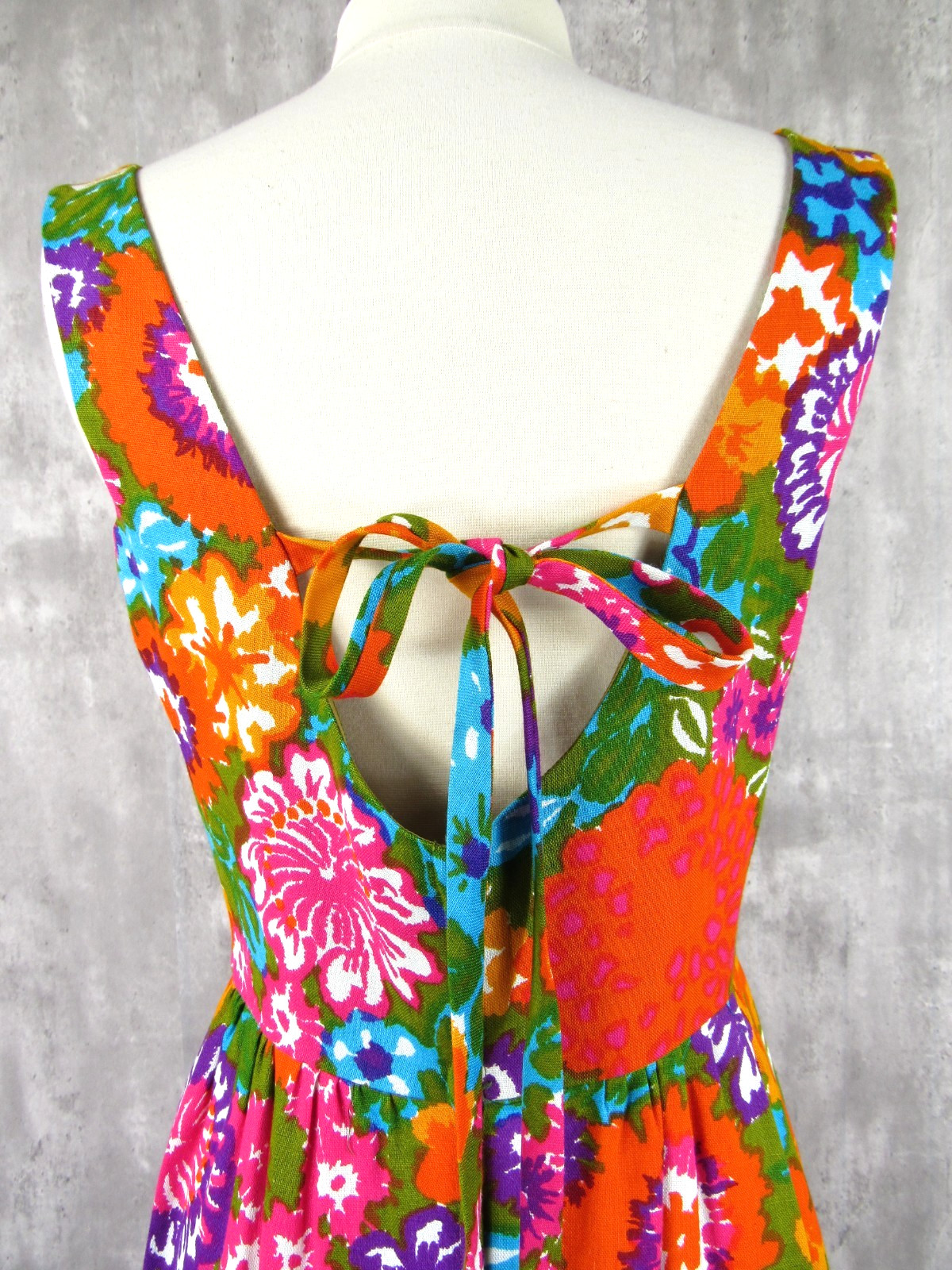 Vintage 60s 70s Hawaiian Floral Formal Maxi Gown Dress MINT Orange Green Small