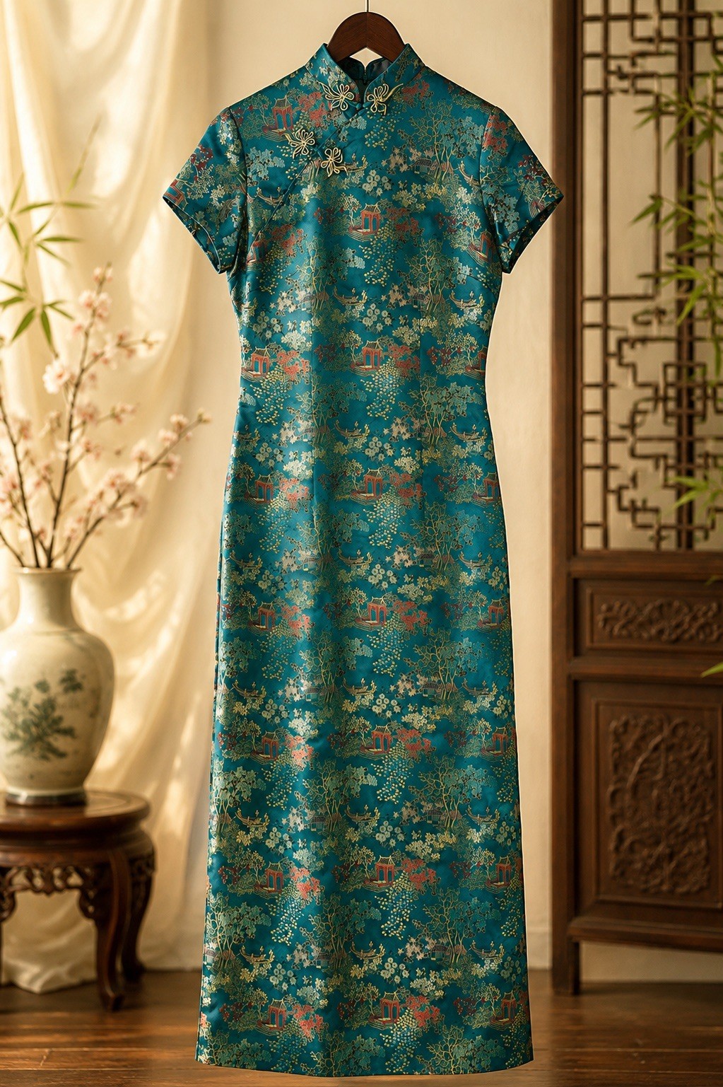 Vtg Cathay Hong Kong Teal Rayon Qipao Cheongsam Dress Sz 8 Chinese Brocade Maxi