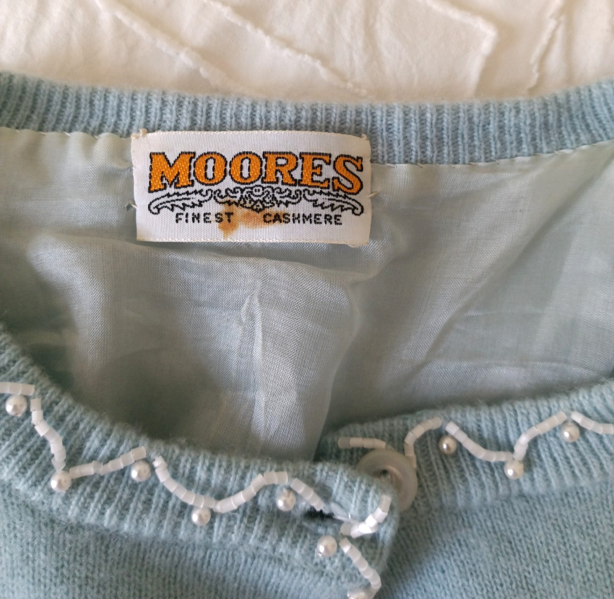 Vintage Moores Cashmere Cardigan Beaded Embroidered Powder Blue Pearl Trim Sweat