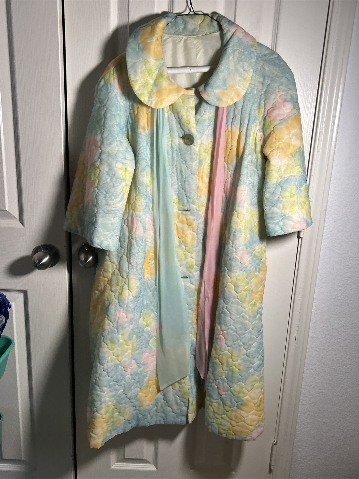Vintage Long Quilted Floral House Coat Robe Pastel Colors Missing Some Buttons