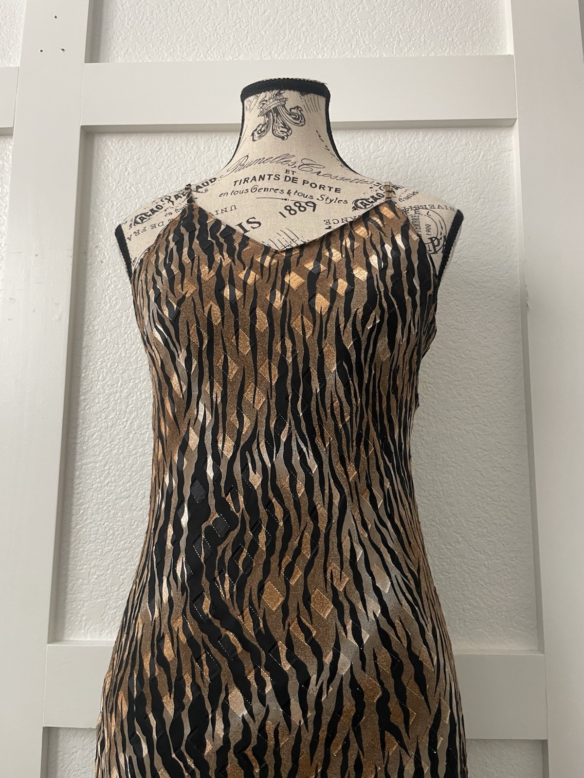 Vintage Mesmerize Brown & Black W/ Gold Tones Abstract Tiger Stripes Slip Dress