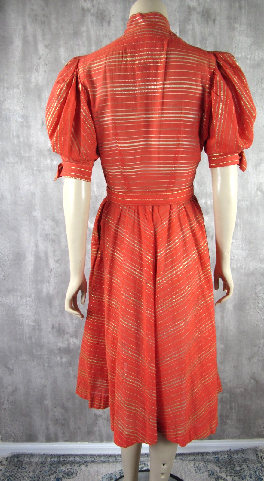 Vintage 50s Prestige Junior Orange Gold Metallic Stripe Lurex Belted Dress XS/S
