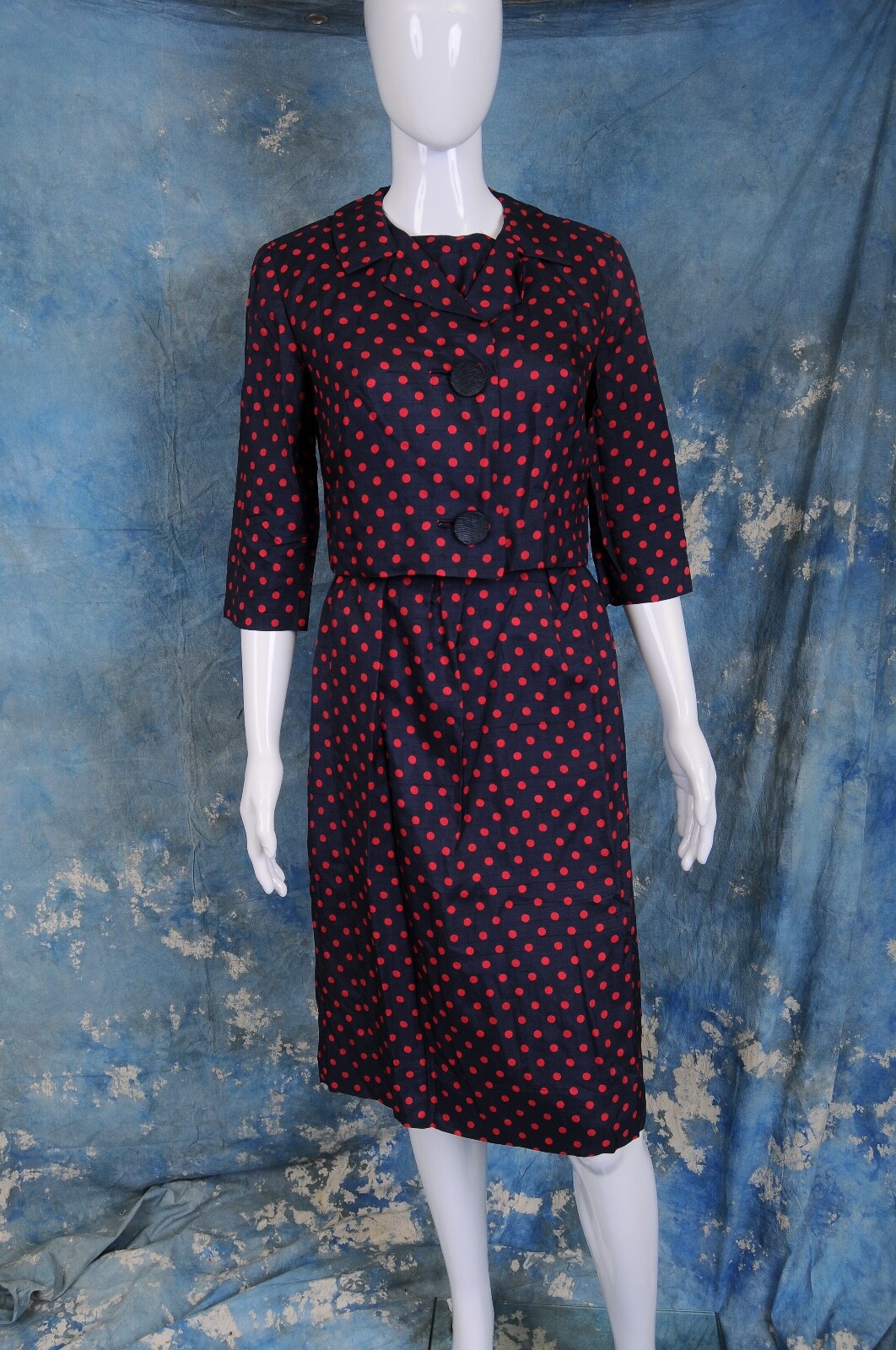 Vintage 1960s R&K Originals blue polka dot rayon blend belted jacket dress S