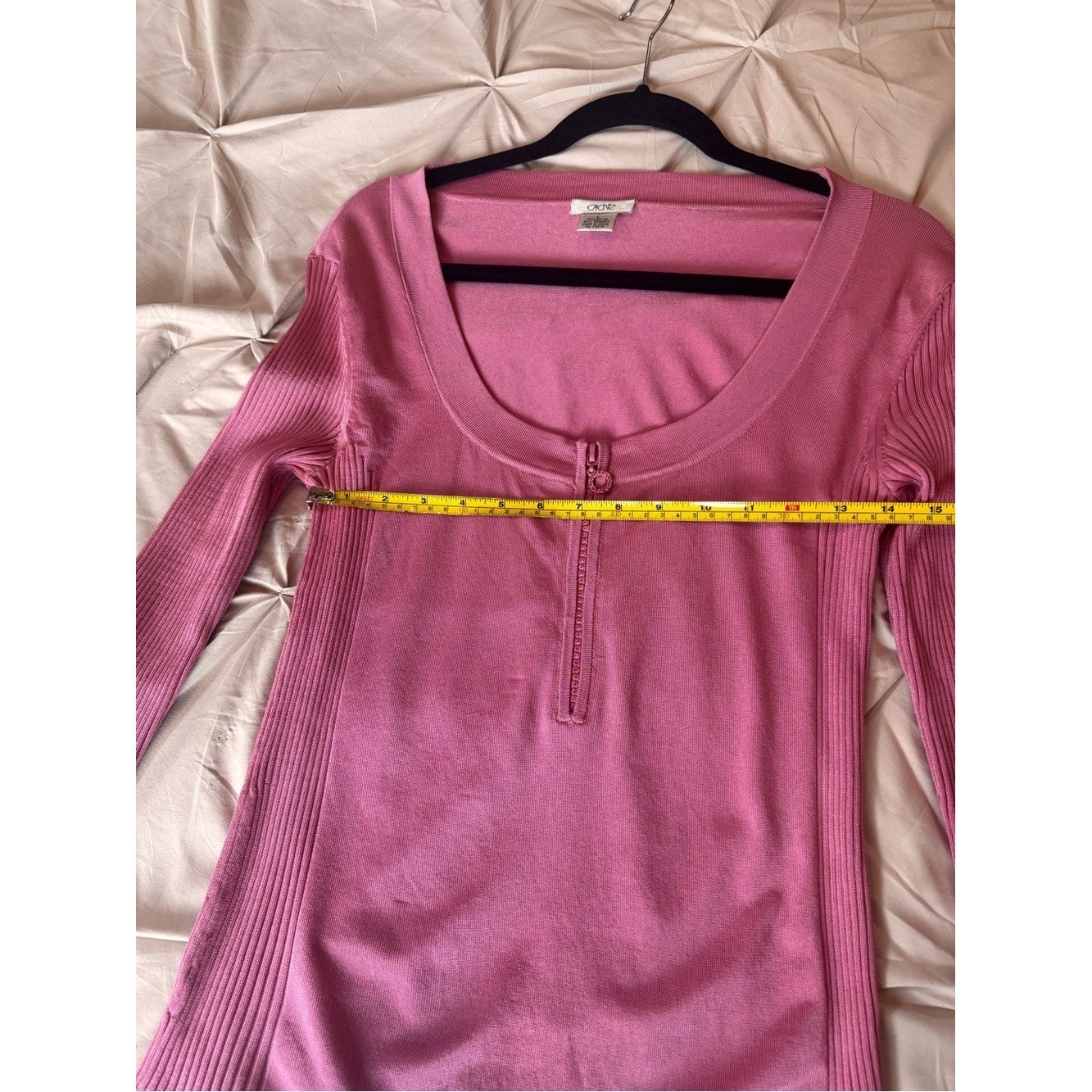 Vintage Y2K Cache Pink Ribbed Long Sleeve Top Size L Rhinestone Zipper