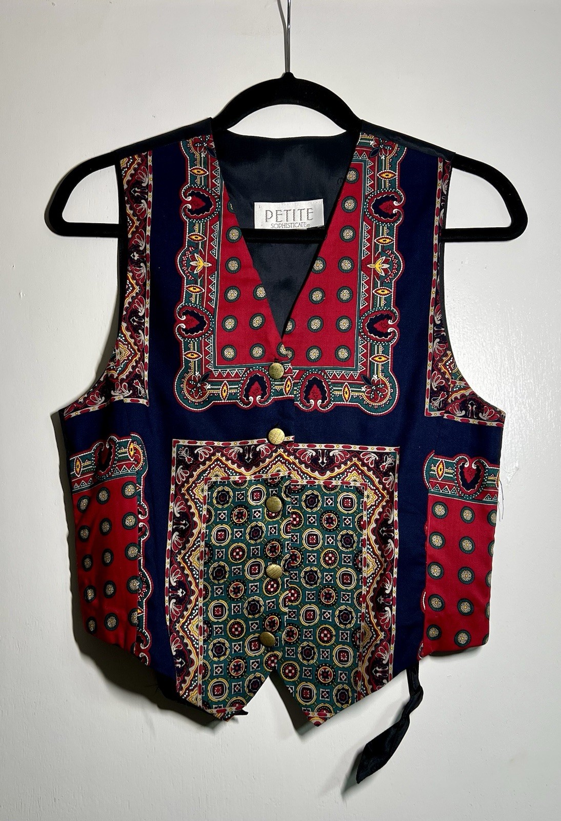 Vintage Petite Sophisticate Vest Red Paisley Tapestry Gold Button 90s Boho Petit