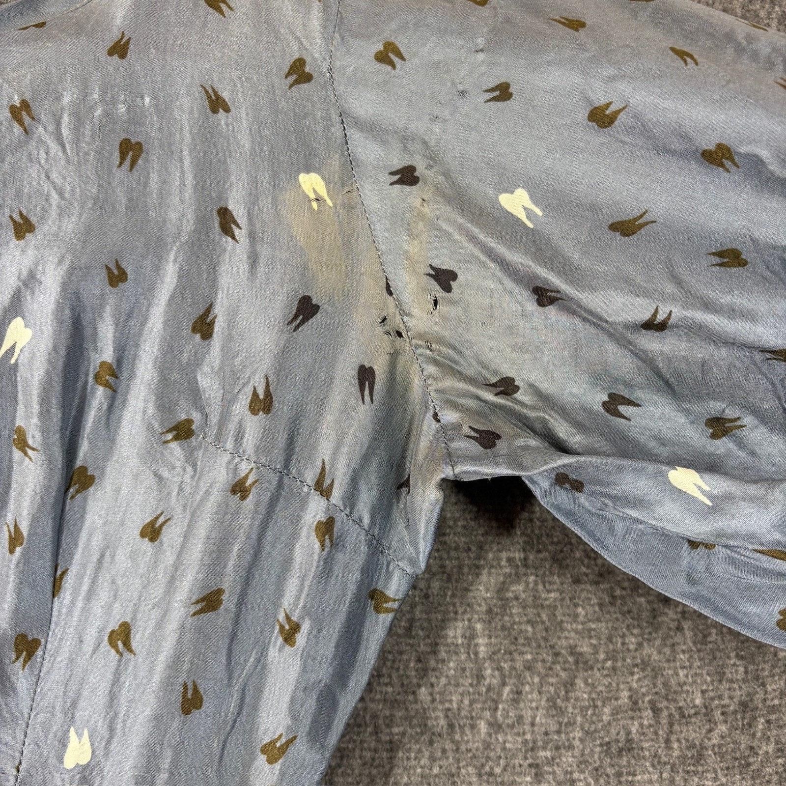 Vintage 50s Fit Flare Novelty Print Dress Blue Grey Silk Study Restoration Piece