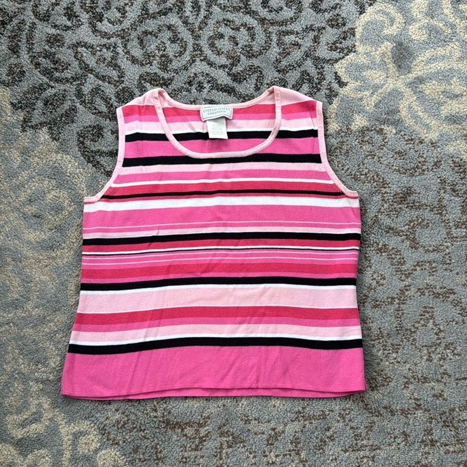 Vintage United States Sweaters Striped Knit Tank Top Pink Large