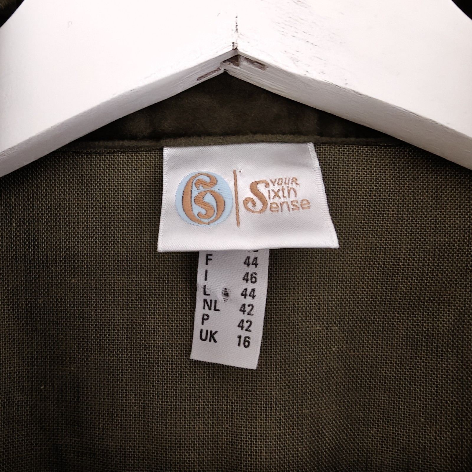 Your Sixth Sense C&A Linen Blend Blouse Vintage Beige Khaki Velvet Trim UK 16