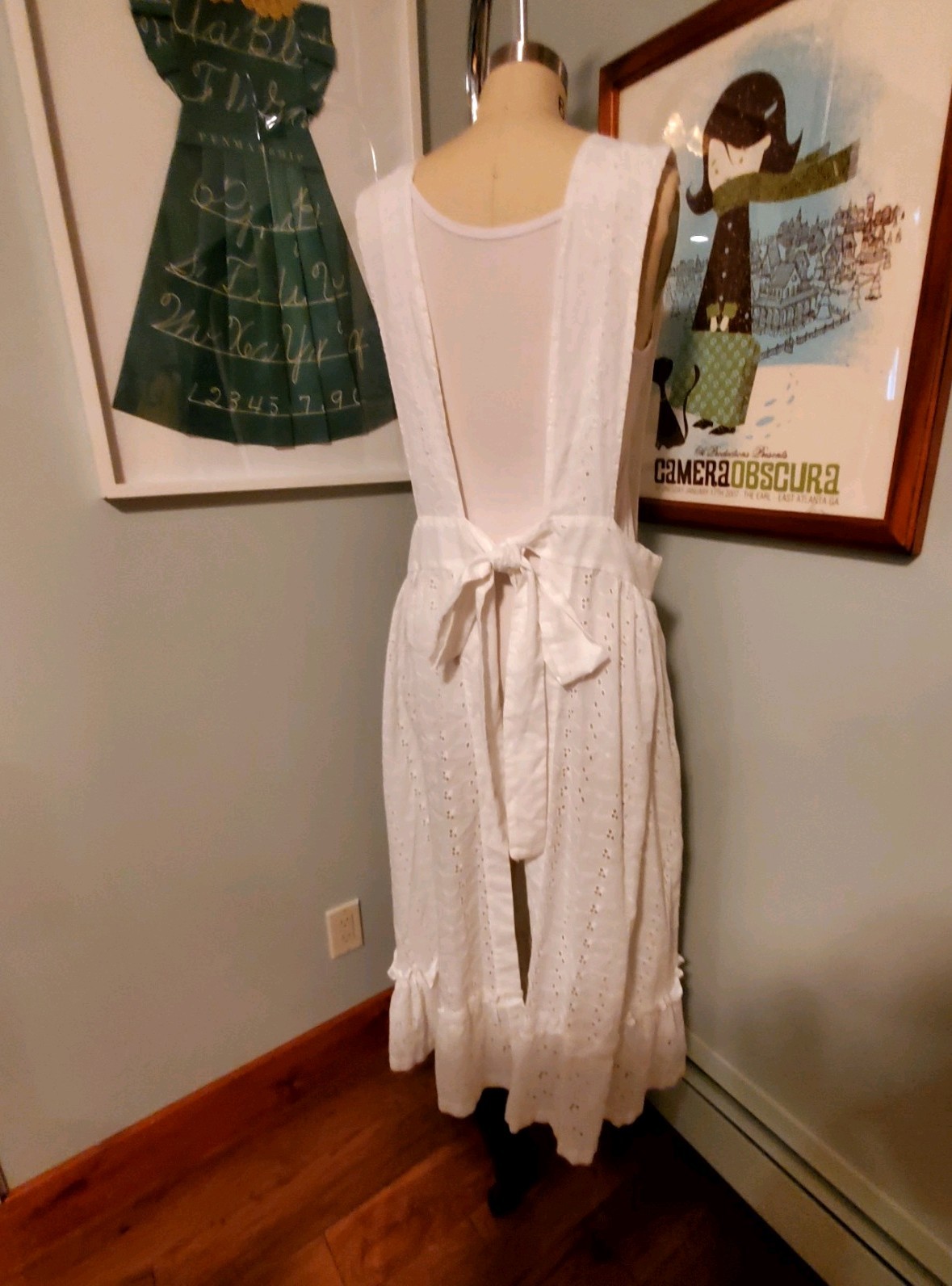 Vintage Home-made White Cotton Eyelet Pinafore Dress/Ankle Length Apron