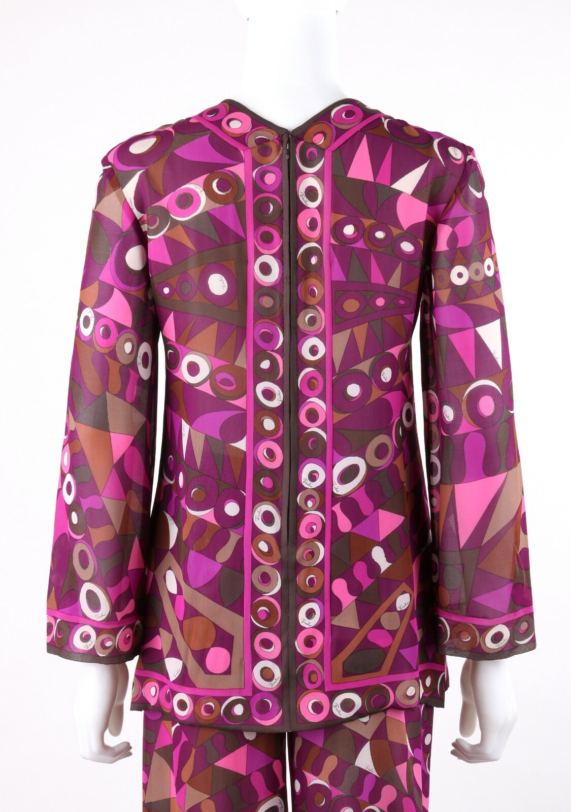 EMILIO PUCCI c.1960s 2pc Purple Multicolor Op Art Silk Blouse Pants Set Ensemble