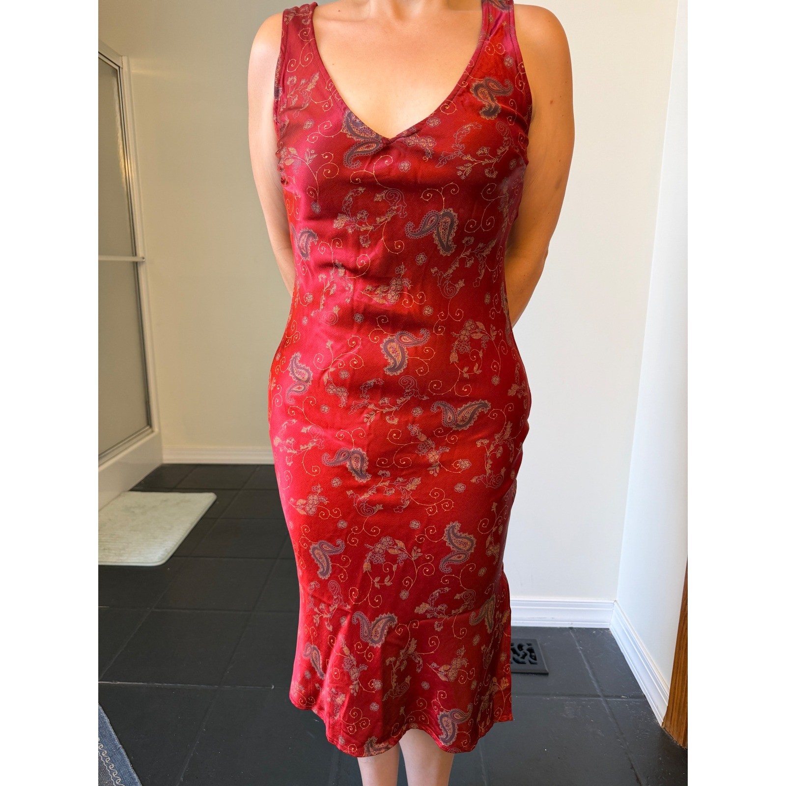 Vtg 90s Madhouse Melissa McElrath Red Satin Paisley Slip Dress 9 Fits Small Midi