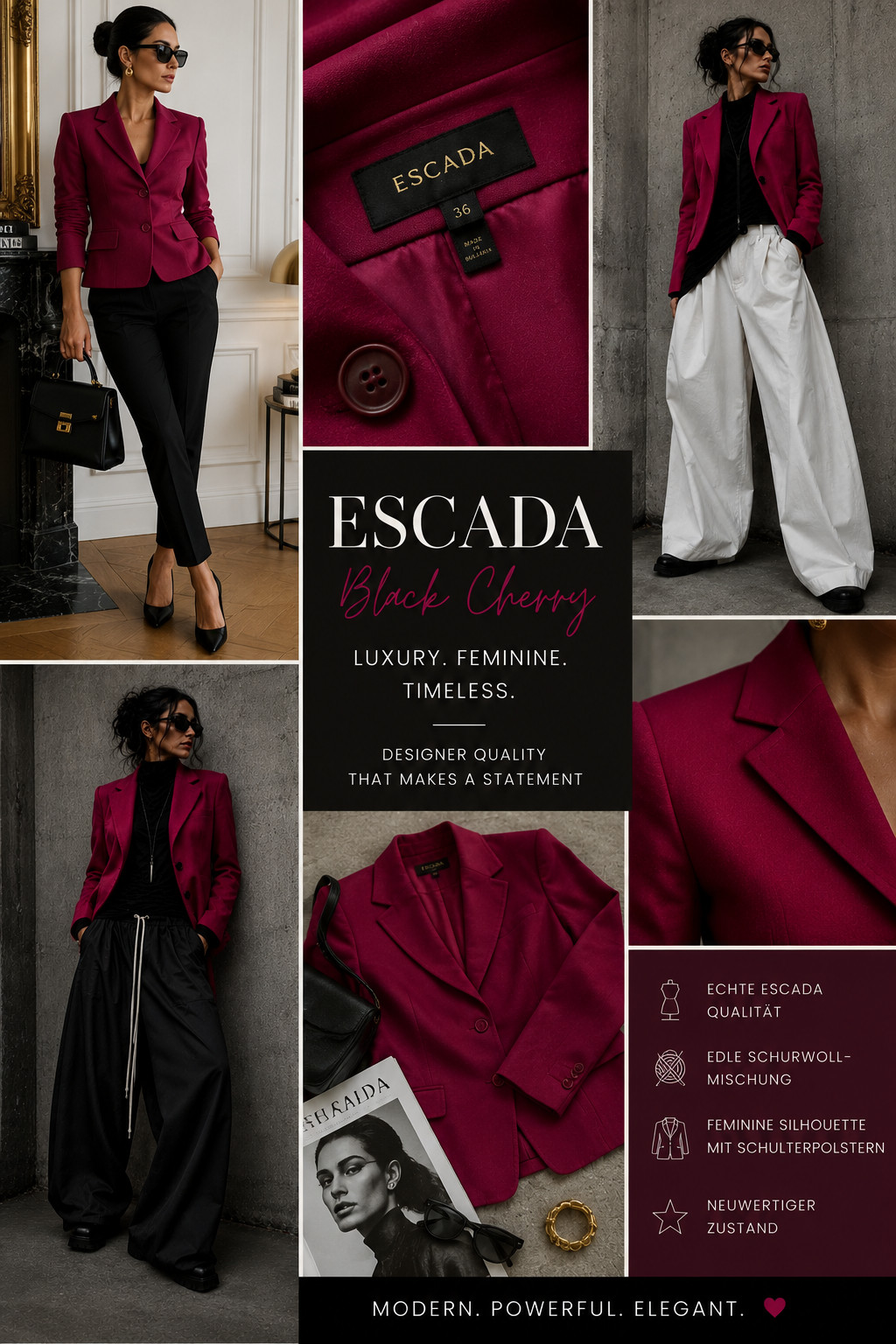 Escada blazer black cherry virgin wool peplum shoulder pads size 36 38 40 MINT condition