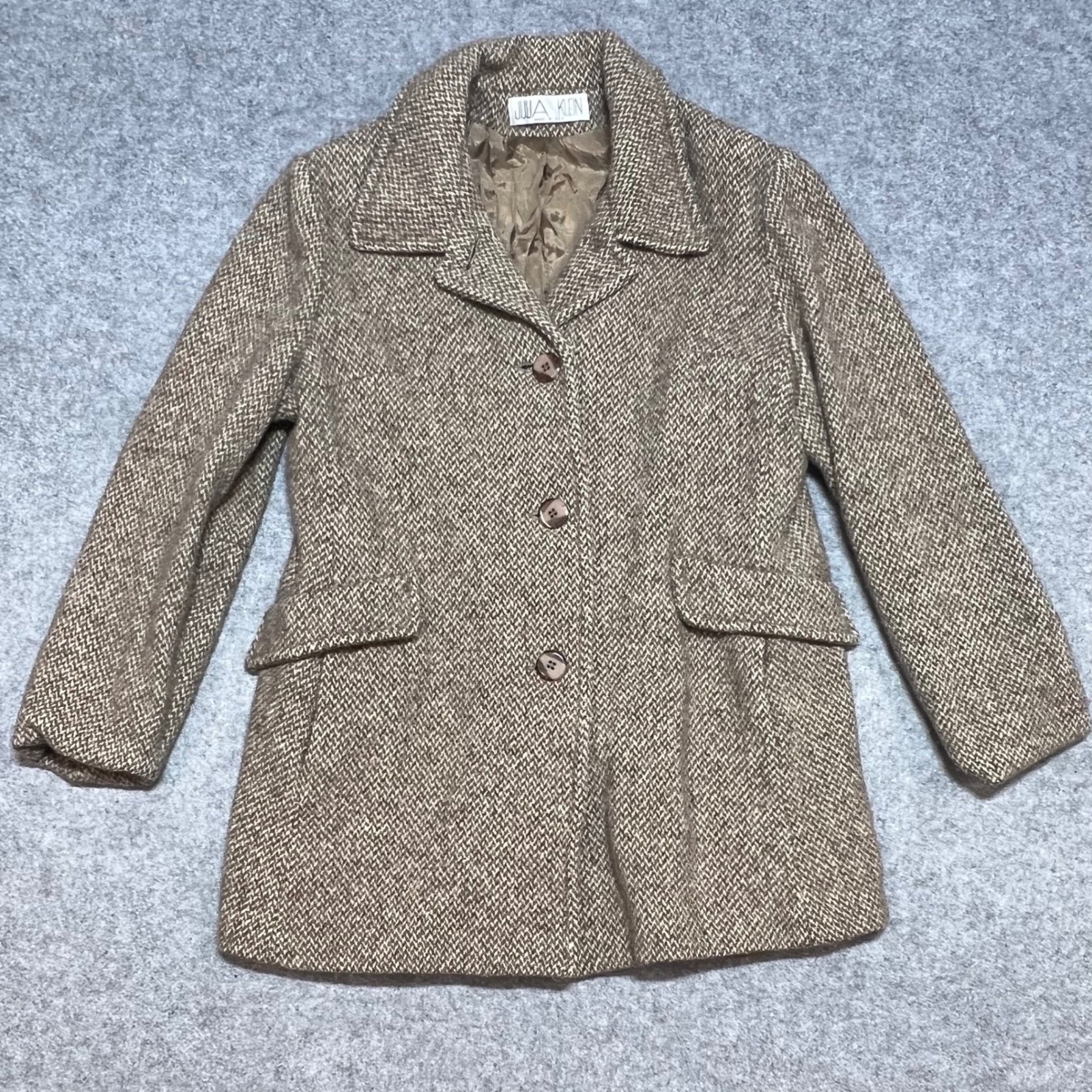 Julia Klein Vintage Brown Herringbone Wool Blend Coat Made in USA Womens Small