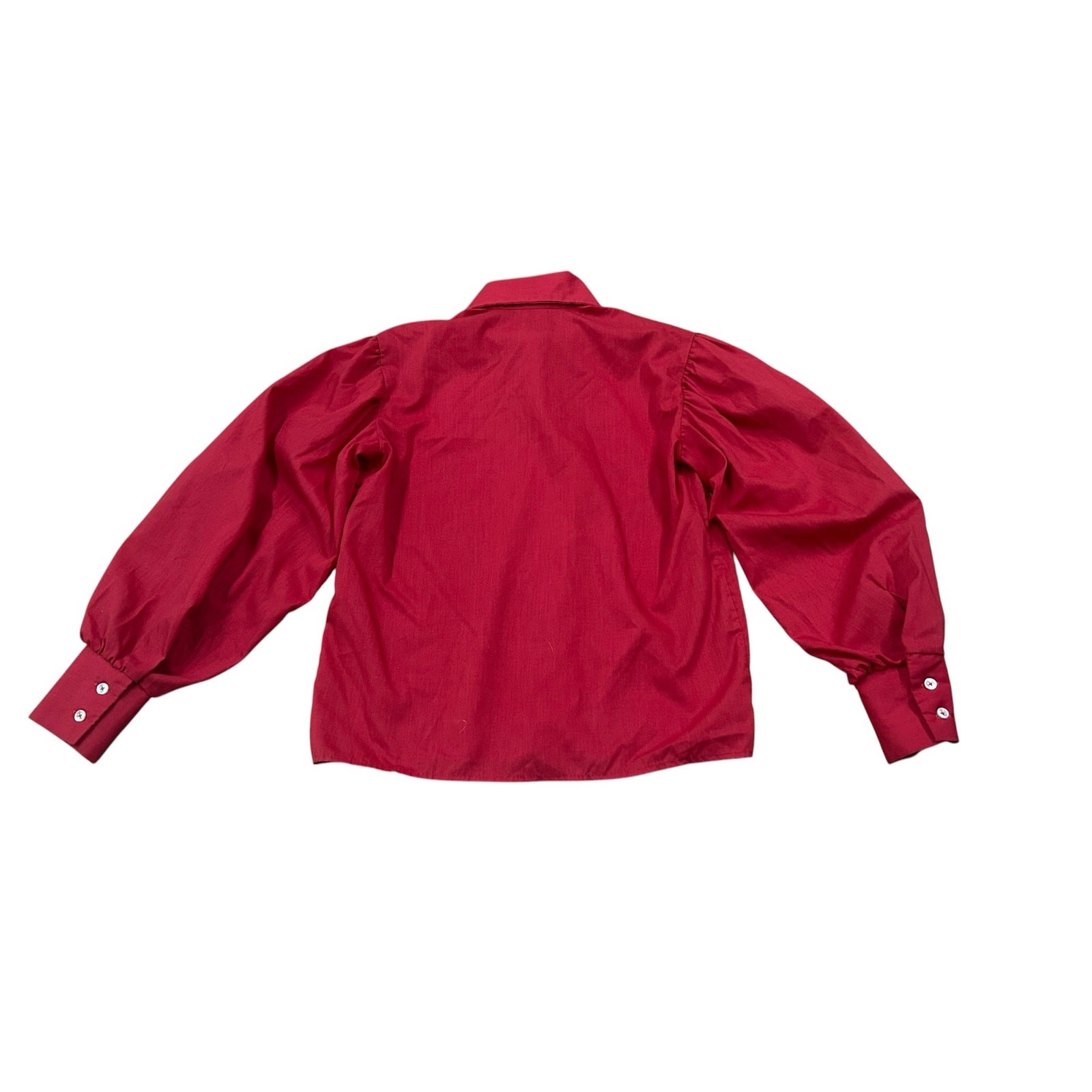 Vintage 60s Mod Dagger Collar Red Blouse Bishop Sleeve Button Front S ^