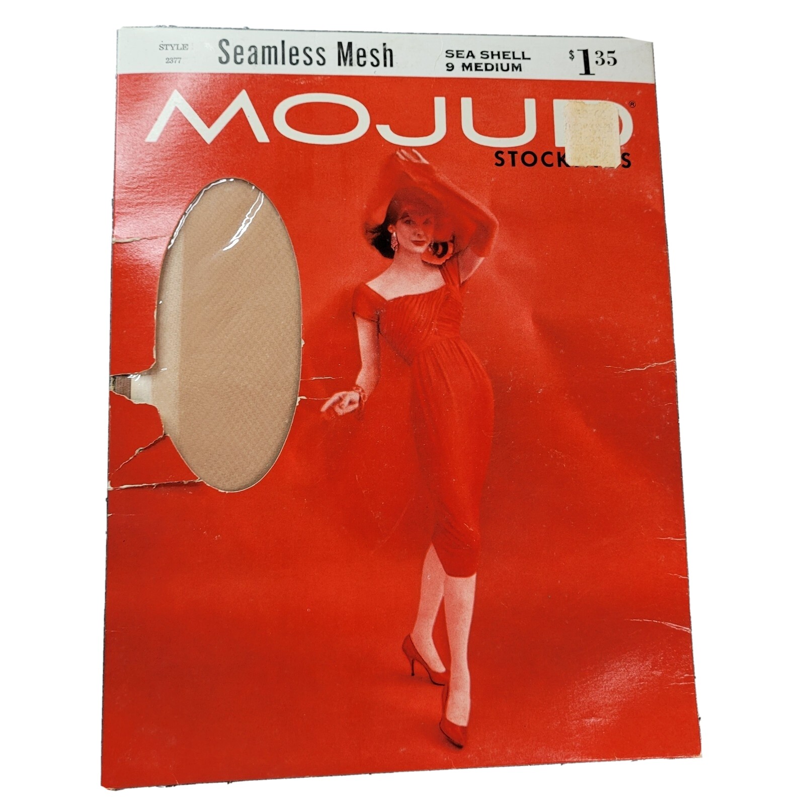 VINTAGE MOJUD STOCKINGS HOSIERY SEAMLESS MESH NYLON SEA SHELL 9M NOS NEW 2377