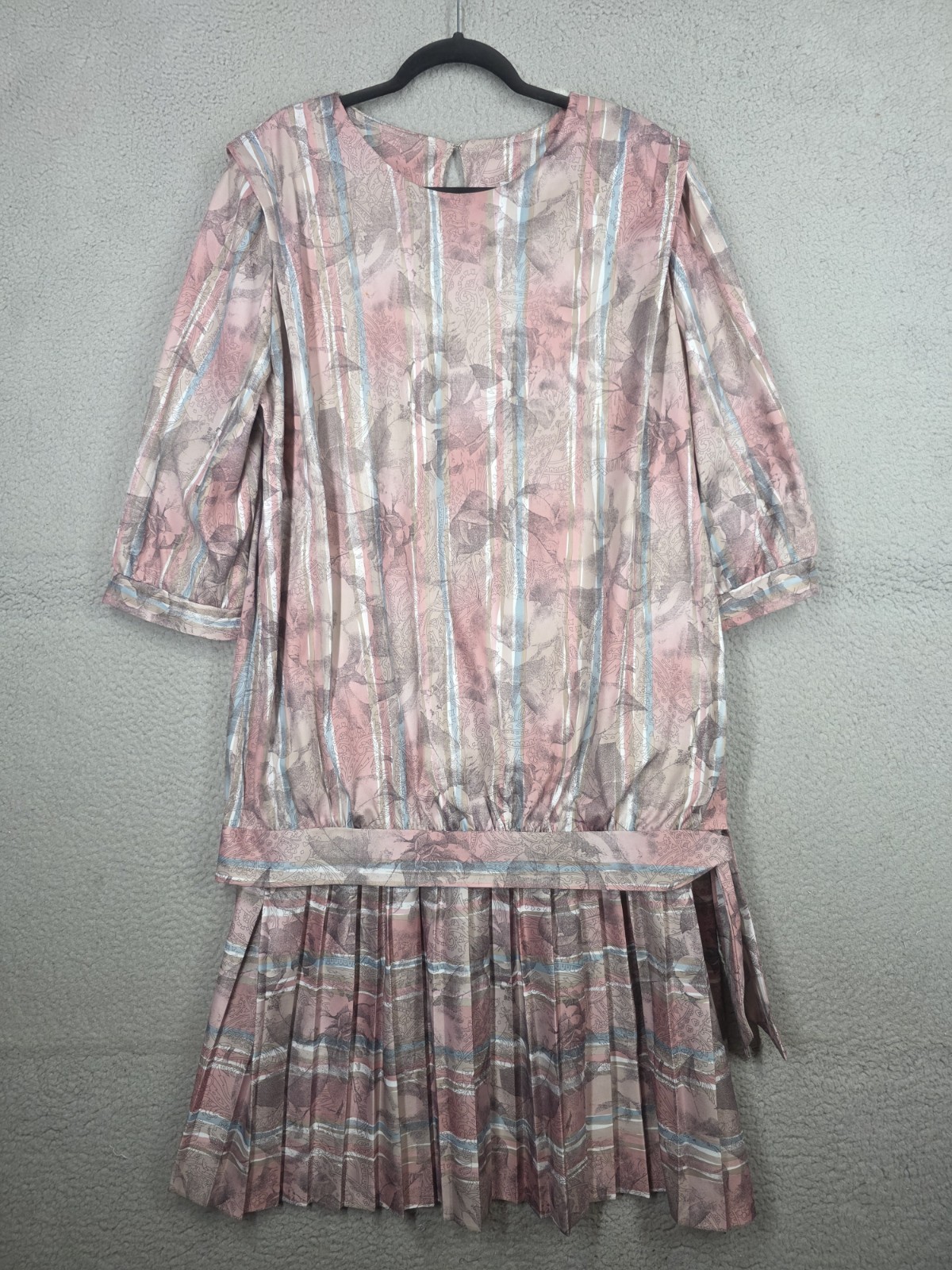 Vintage 80s Dress Size 16 Pink Stripe Pleated Drop Waist