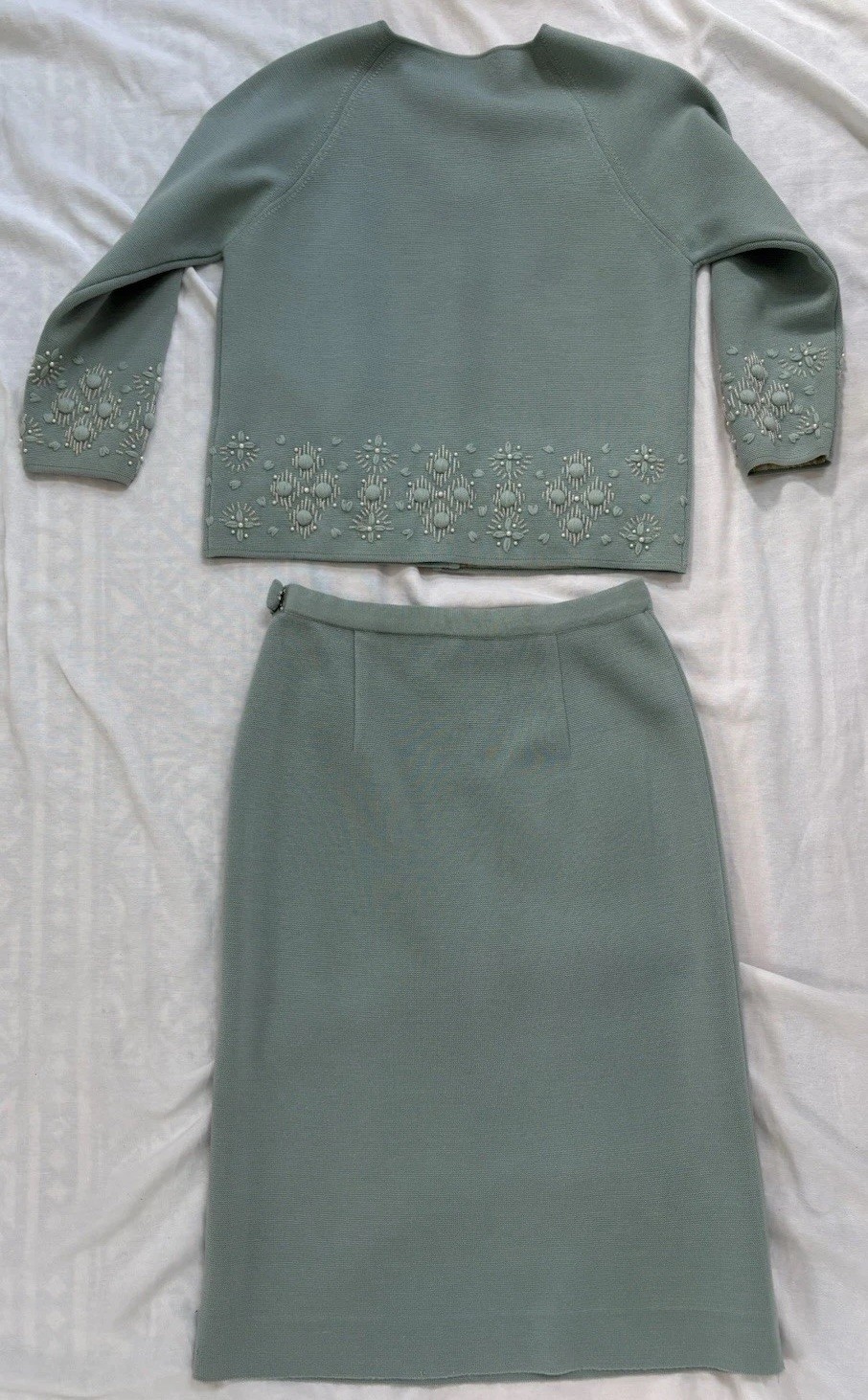 VTG Marshall Fields Skirt Suit Set Womens Large Powder Blue Wool Beaded Pearls
