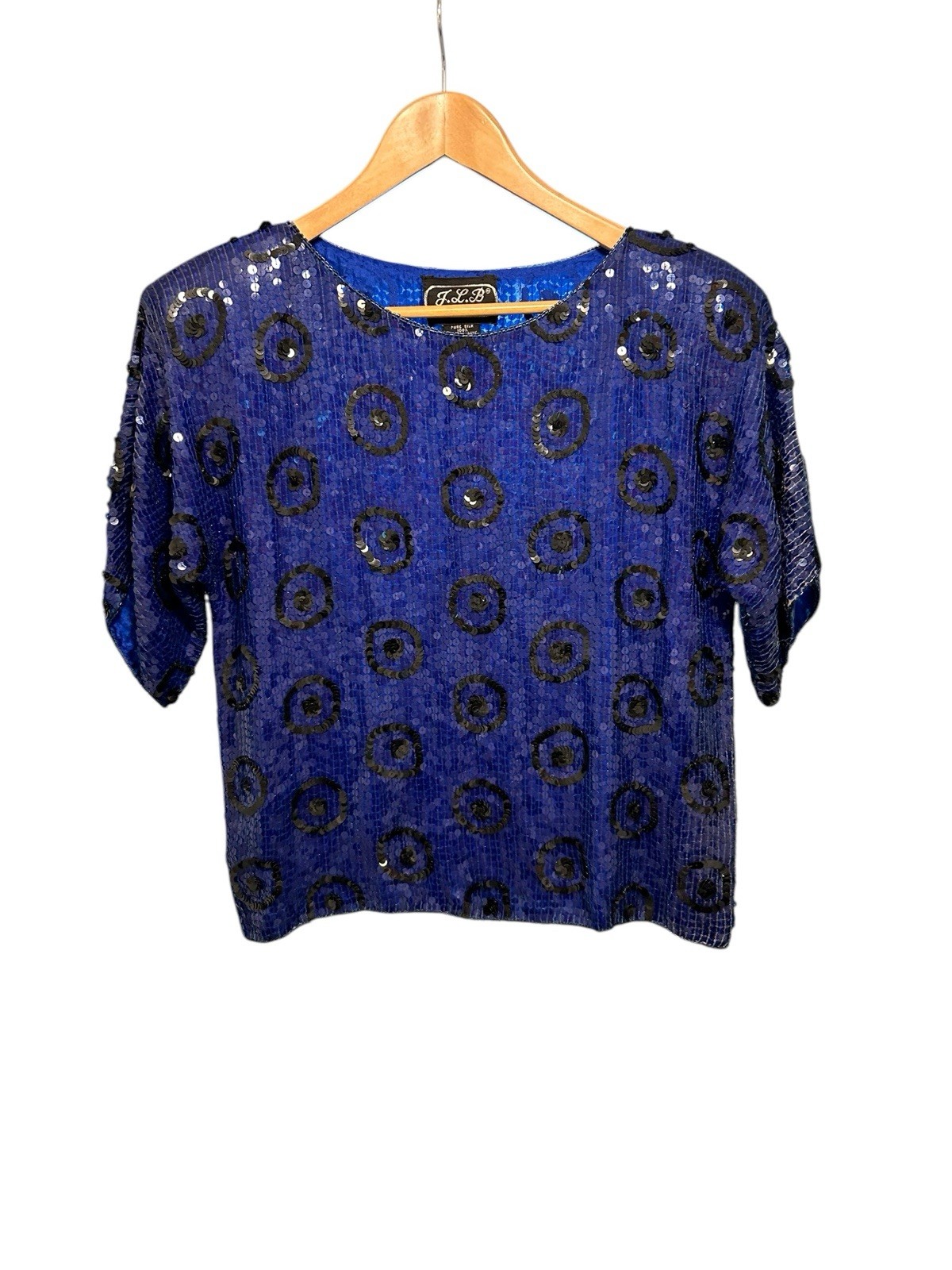 Vtg JLB Sequin Silk Evening Blouse Sz M Royal Blue Short Sleeve Geometric Funky