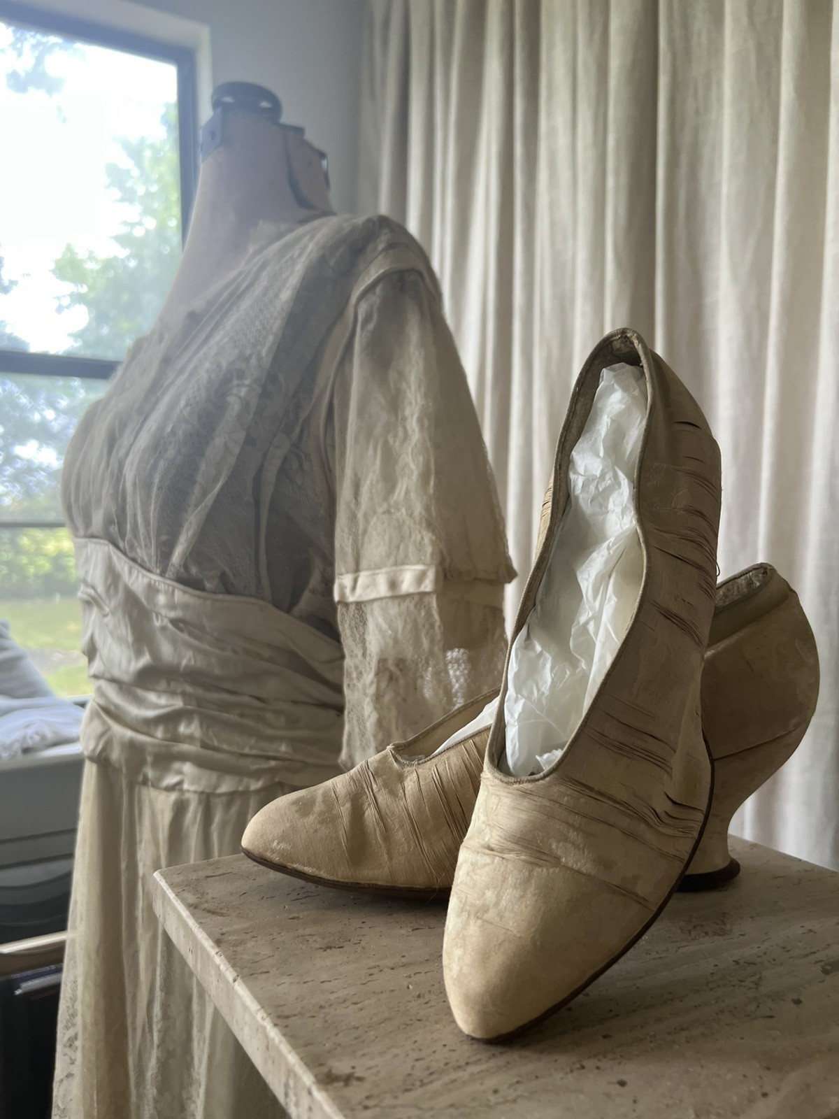 Stunning Antique Edwardian Silk Lace Wedding Dress with Original Shoes