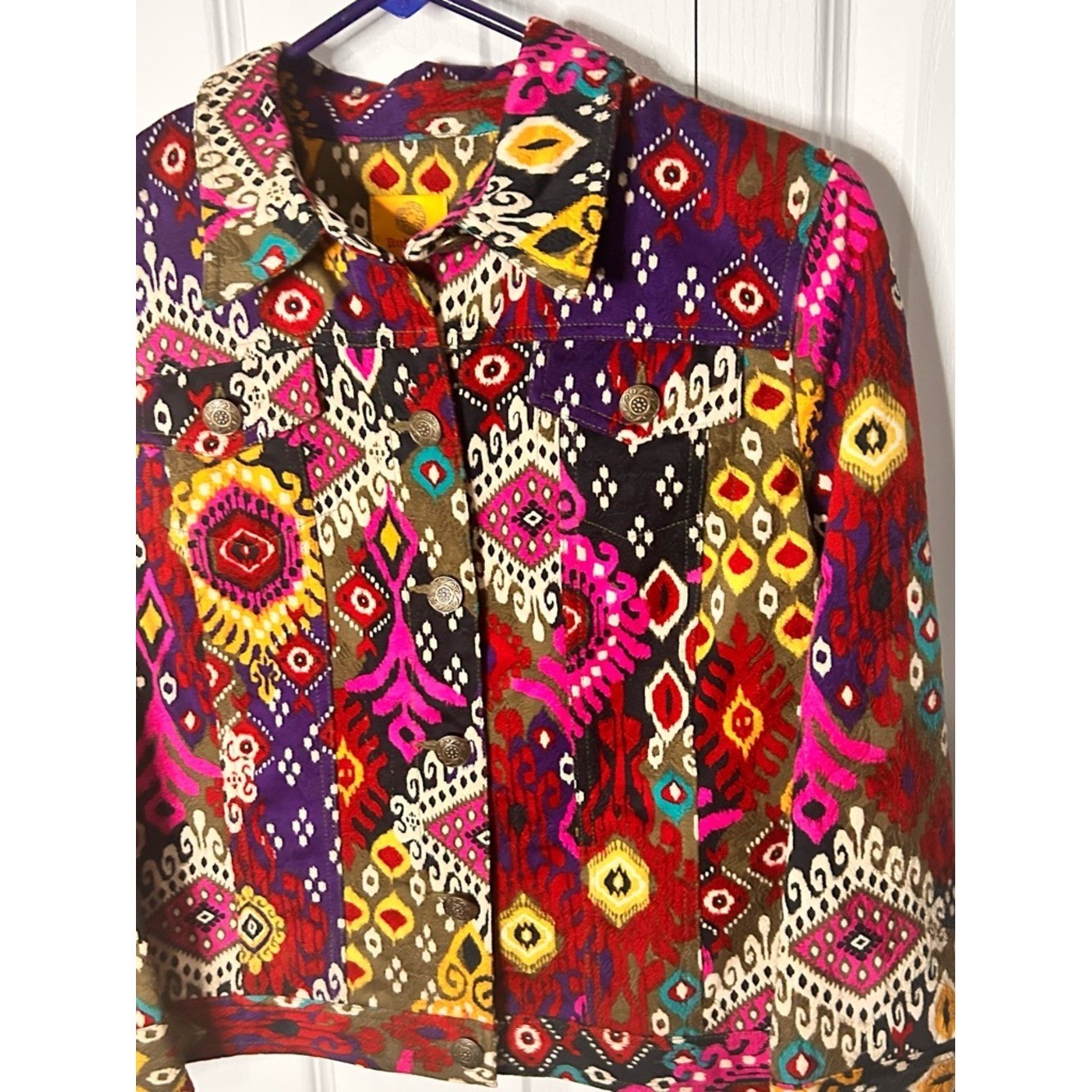 Ruby Rd Jacket Womens 10P Multi-Color Canvas Button-Up Collared Boho Abstract