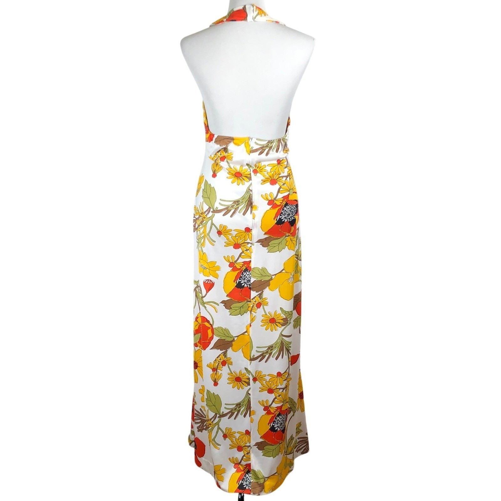 VTG 70s Floral Poppy Open Back Round Neck Halter Maxi Dress Sz S/M White