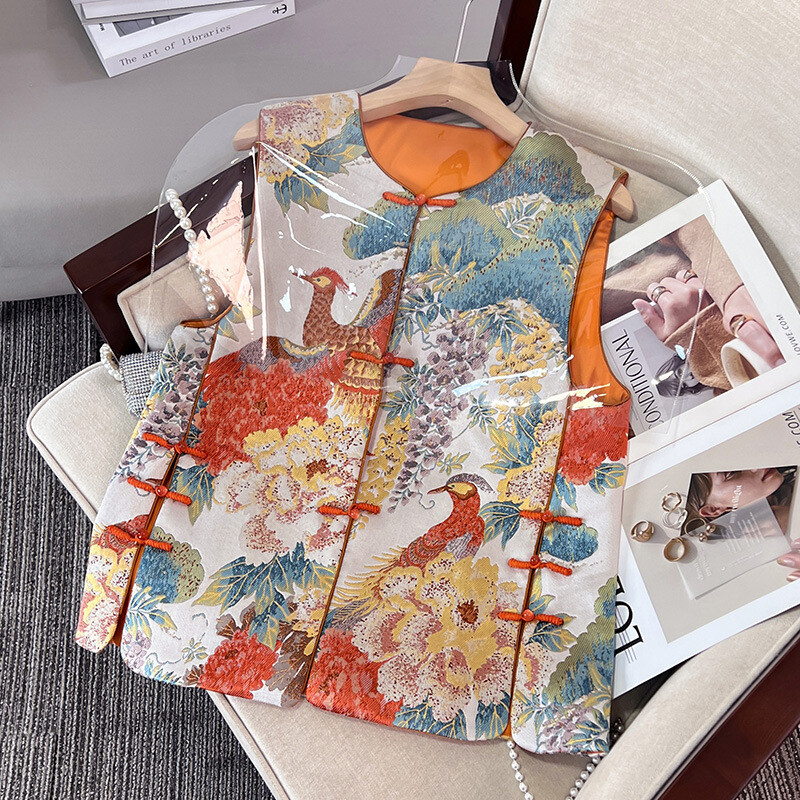 Women Chinese Style Jacquard Brocade Vest Vintage Frog Buckle Tang Suit Top