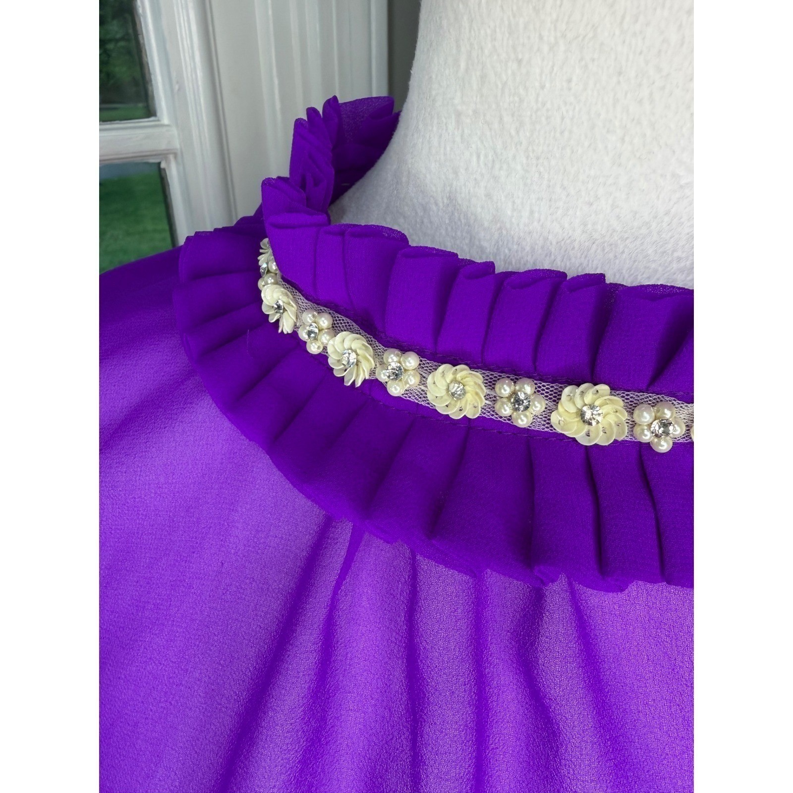 VTG Purple Sheer Chiffon Ruffle Neck Mini Dress Romantic Hollywood Regency S/M