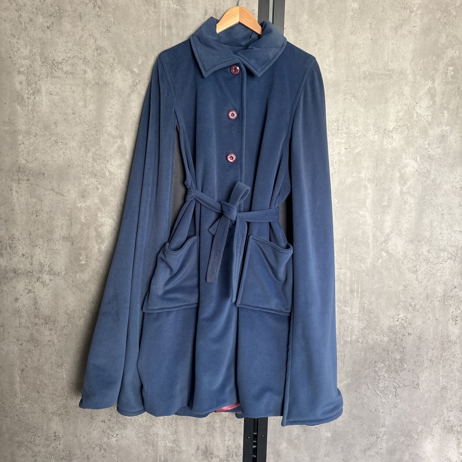 Vintage 60s 70s Blue Cape Coat Women’s L Belted Cloak Swing Jacket Lined