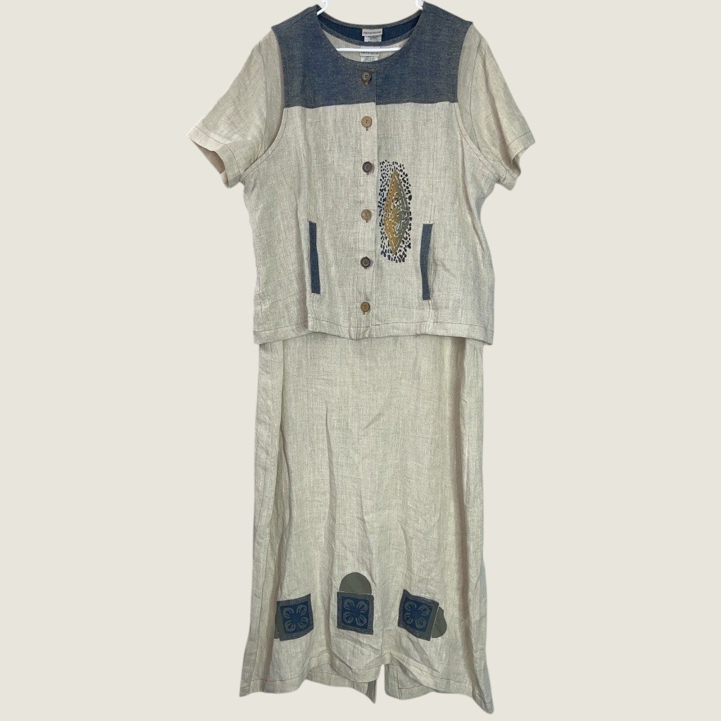 Reminisce Vintage Linen Patchwork Dress & Vest Set XL Boho Artisan Coastal USA