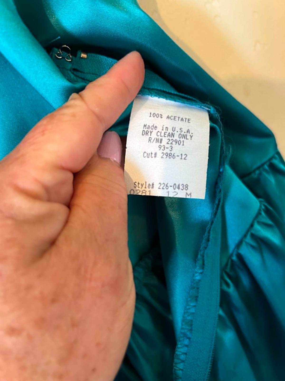Vtg 80s Teal Acetate Liquid Satin Prom Dress Open Back Bow Puff Sleeve USA Sz 12