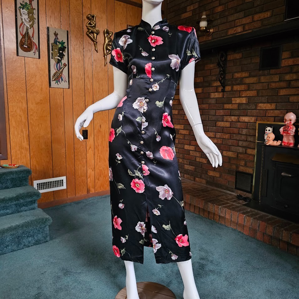 Vtg 80s 90s Femme Gothic Cheongsam Satin Floral Cocktail Party Wiggle Dress M