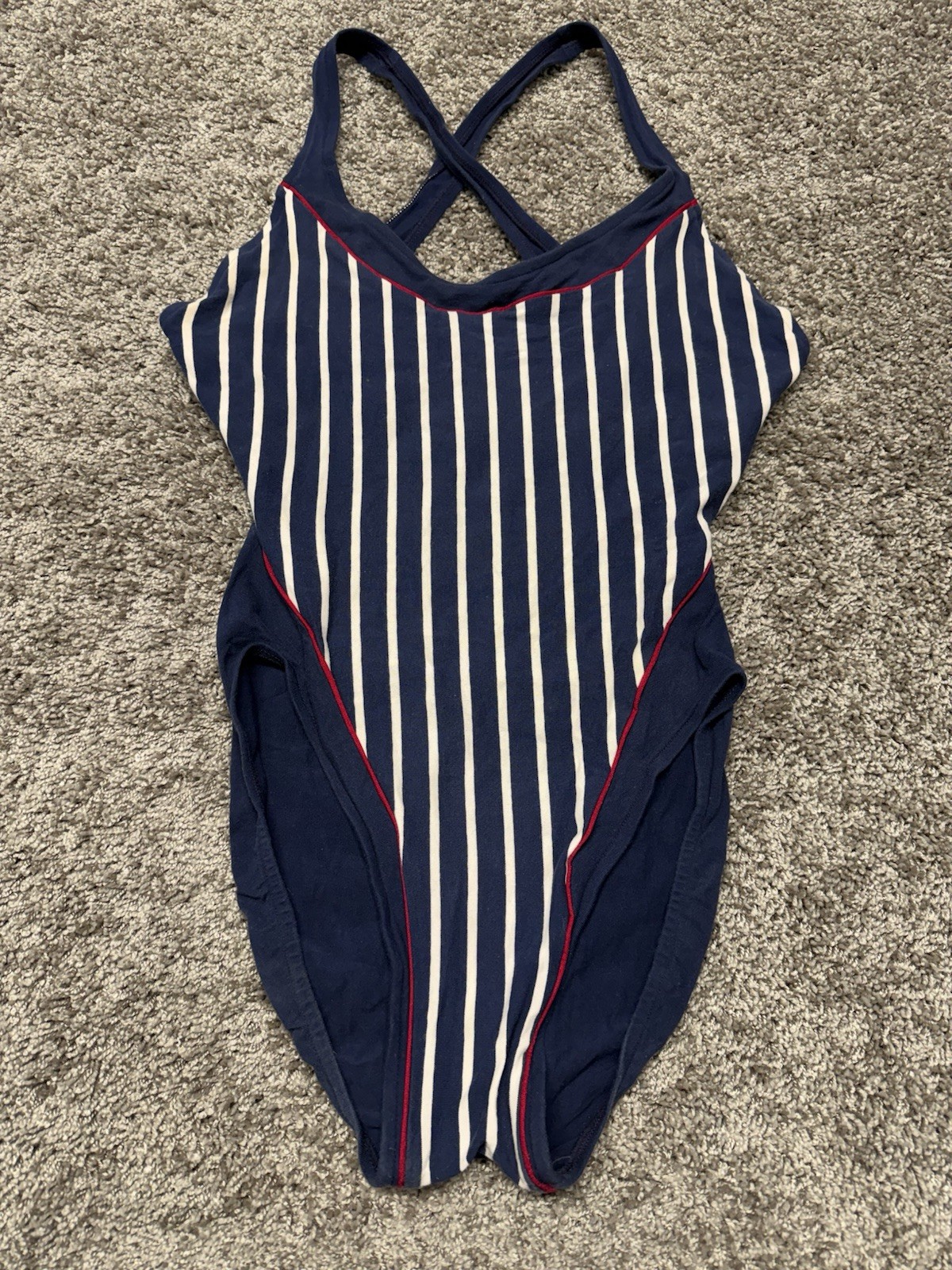 VTG Rose Marie Reid 12 Piece RED WHITE BLUE Stripe Swimsuit High Leg Low Back