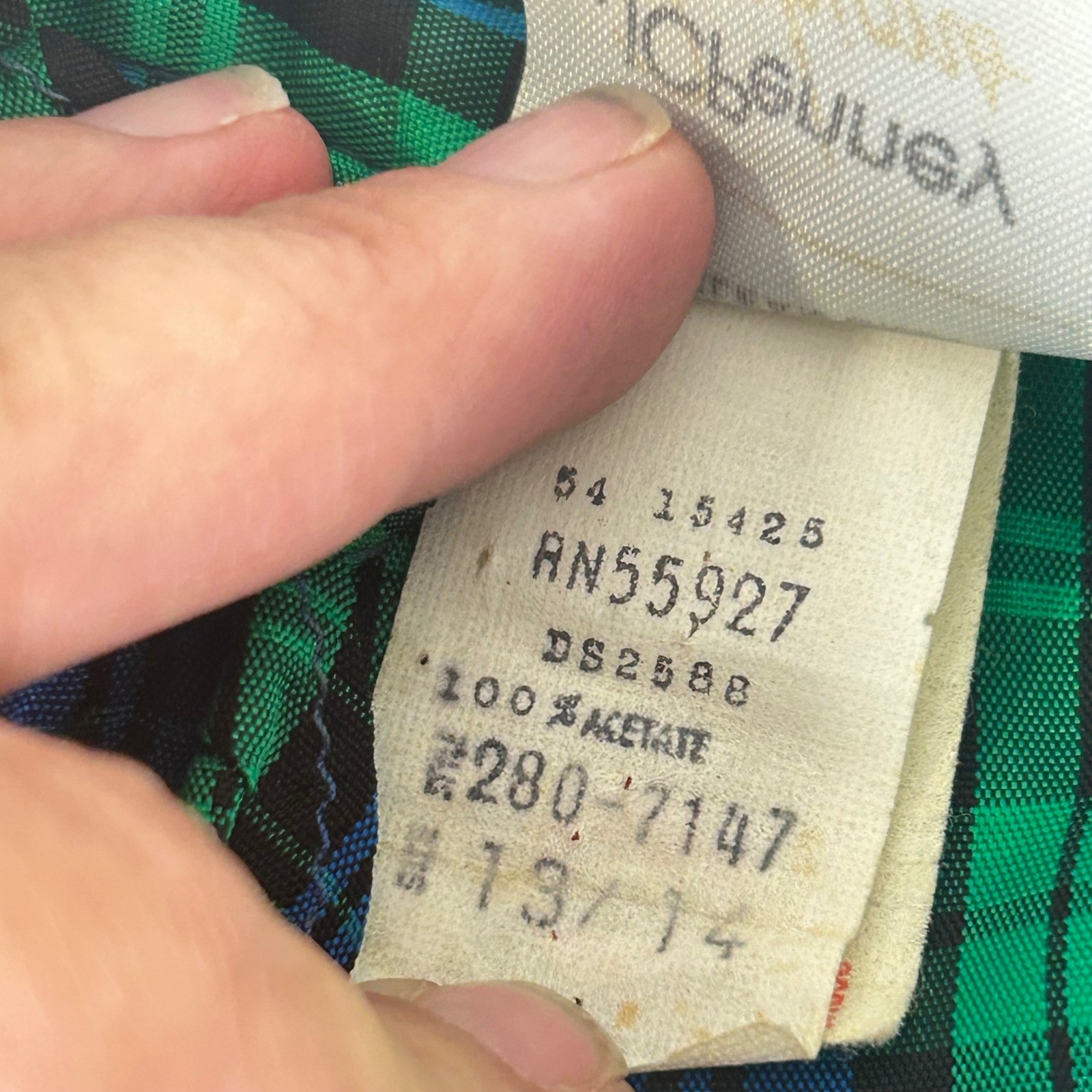 Vintage JCPenney Fashions Plaid Blouse Green Blue Ruffle Neck ILGWU USA 13/14