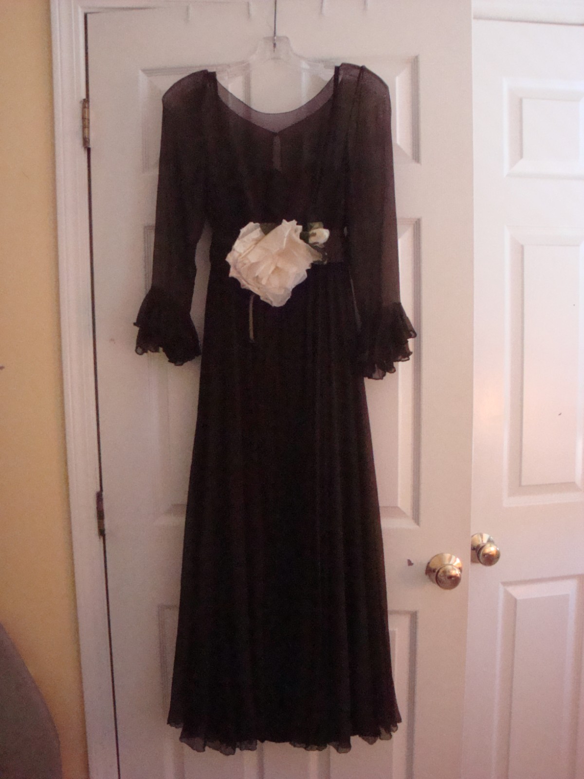 Vingtage 1960&rsquo;s Brown Chiffon Maxi Dress with Cream Accent Removable Flower