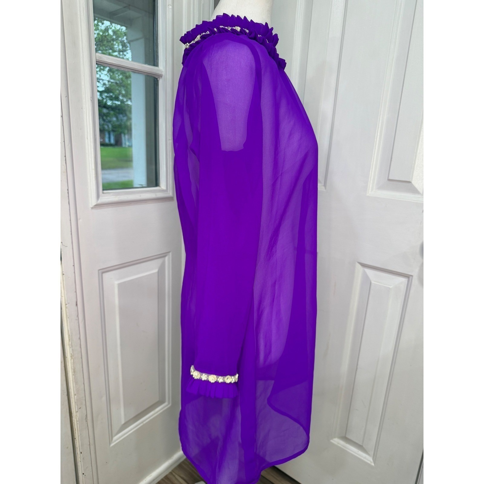 VTG Purple Sheer Chiffon Ruffle Neck Mini Dress Romantic Hollywood Regency S/M