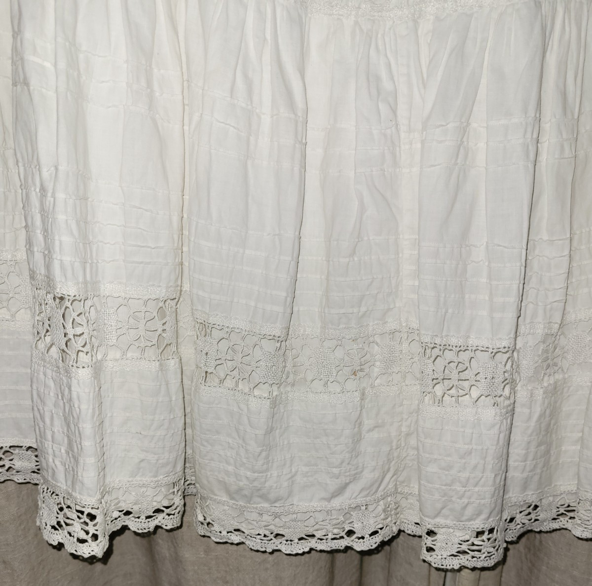 Antique Edwardian Cotton Pintucked Cluny Lace Petticoat S/M