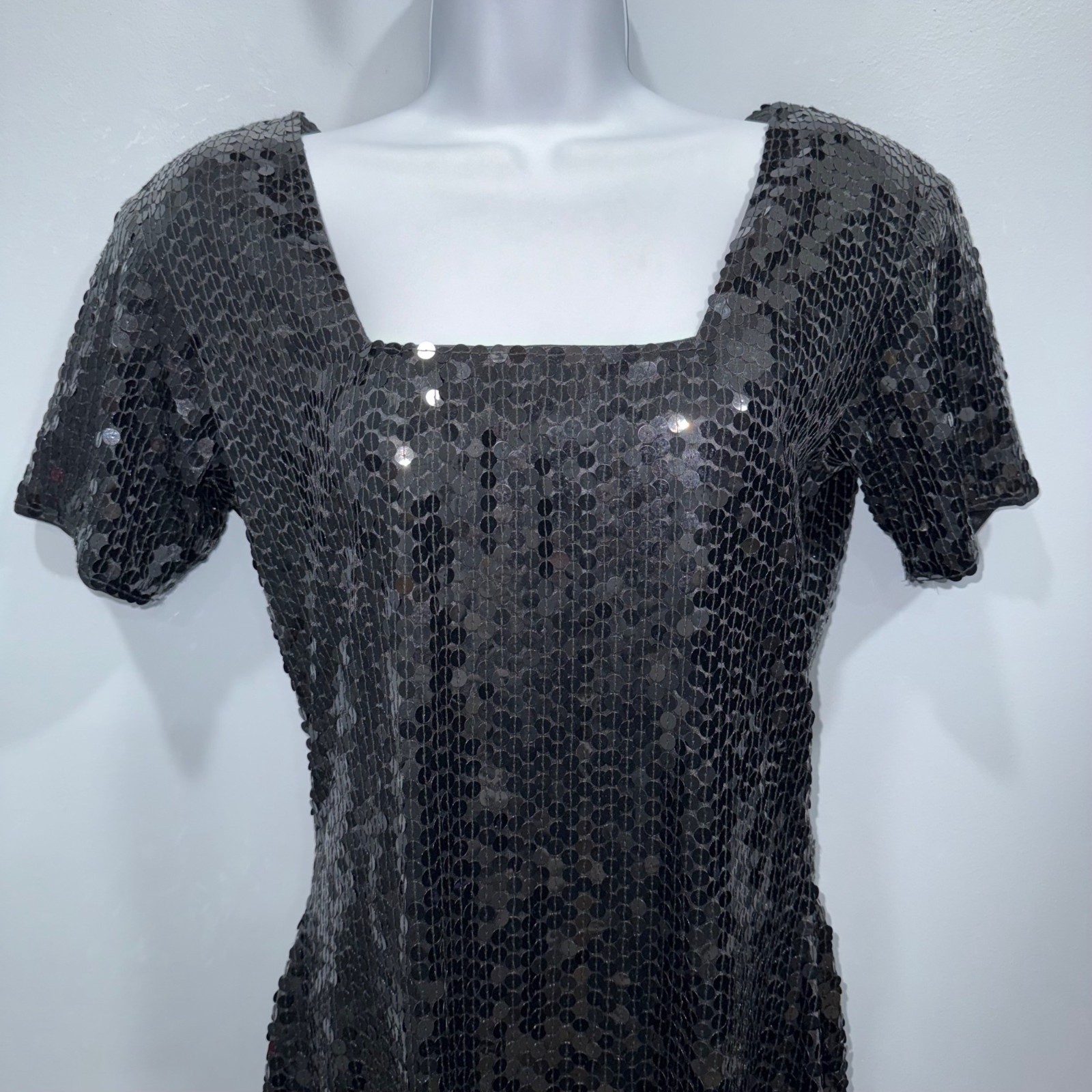 Vintage NEW Nite Line Black Sequin Square Neck Dress Cocktail Event LBD Size 12