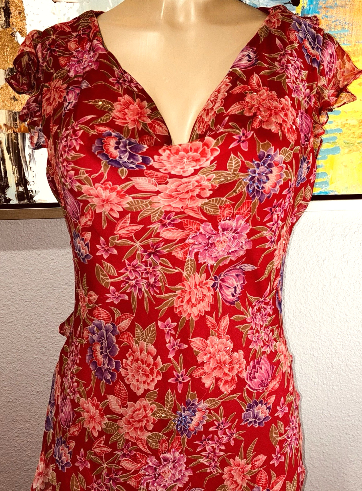 VTG Robbie Bee 100% Silk Red Floral Midi Slip Dress Fairy Chiffon Women’s 14