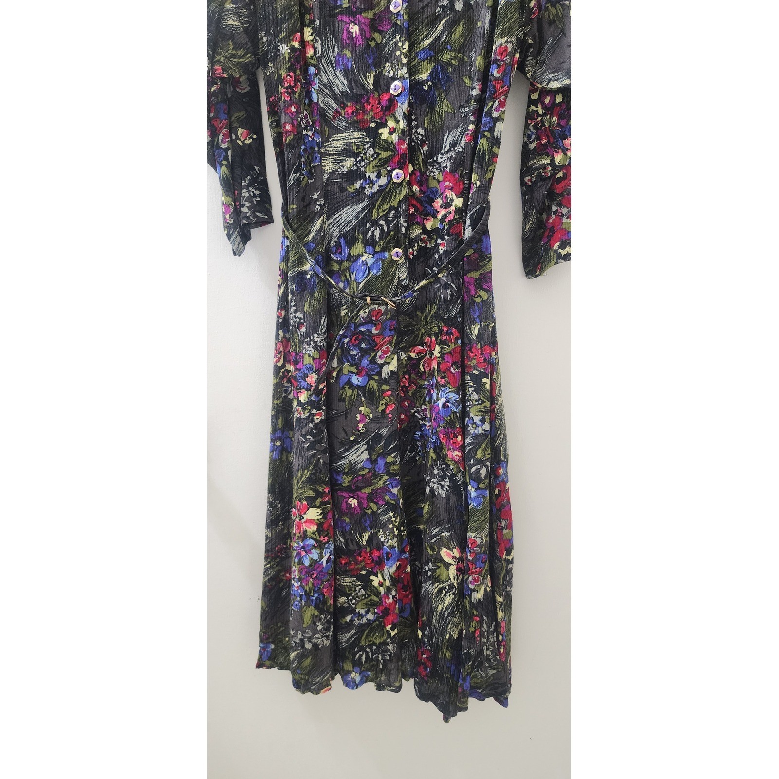 Vintage Oscar Too! Women Floral Rayon Button Front Midi Dress Belted Black Sz 10